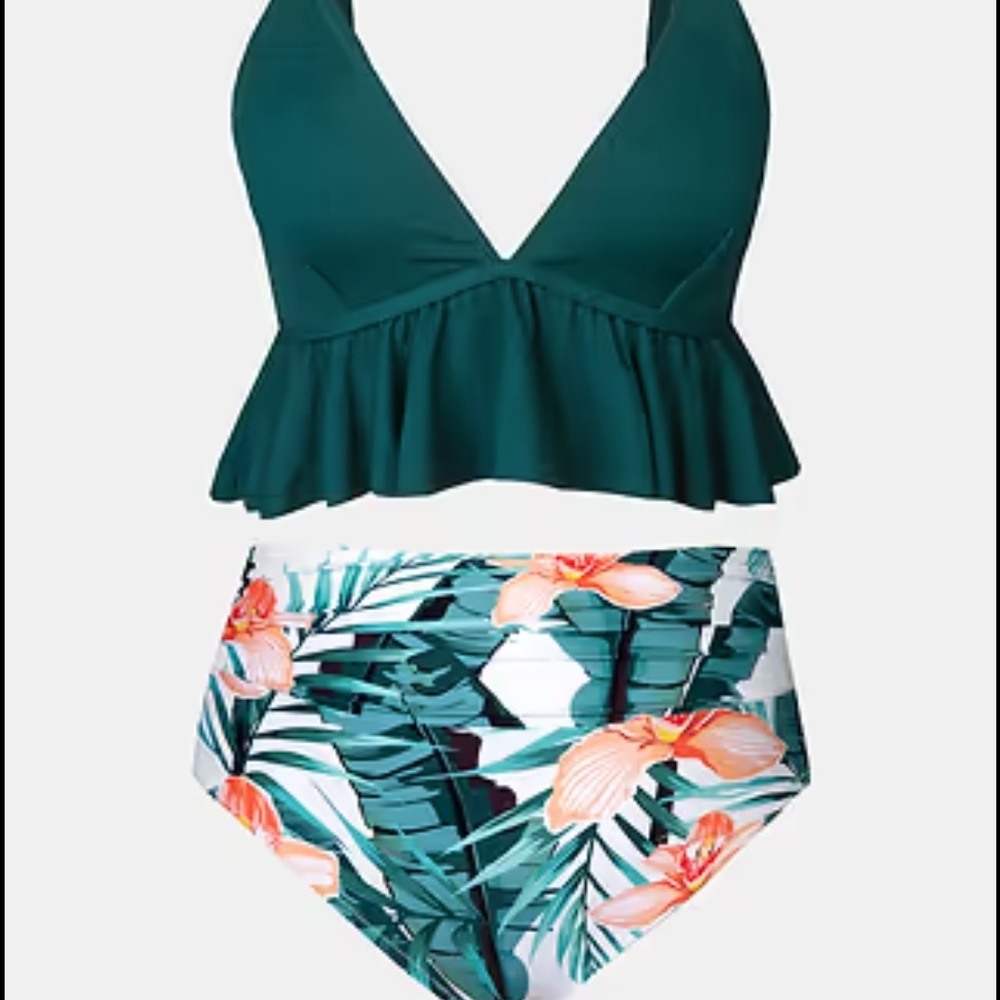 Green Halter Bikini Top with Tropical Print Bottoms